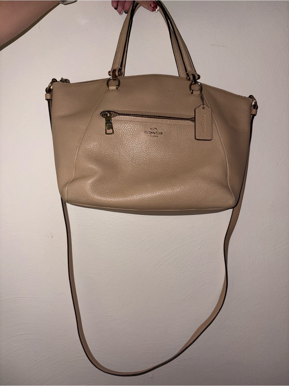 Coach Prairie Pebbled Leather Satchel Crossbody Bag Beige Tan F34340
